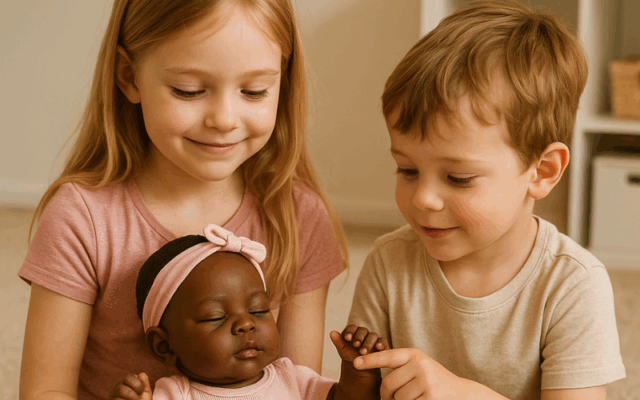 Crianças brancas, bebê reborn preto